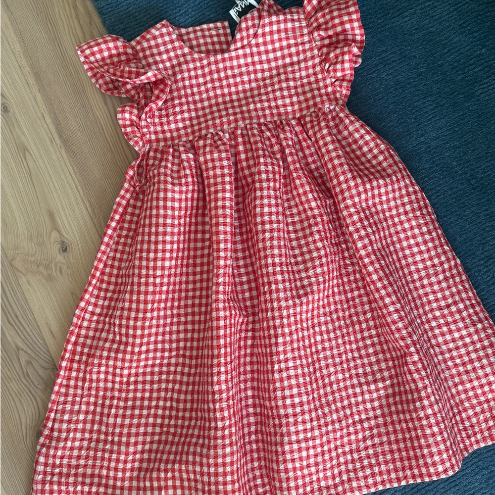 Ganni Red and White Gingham Ruffle Sleeve Dress